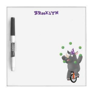 Funny cute rhino juggling on unicycle dry erase board