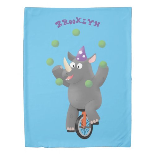 Funny cute rhino juggling on unicycle duvet cover