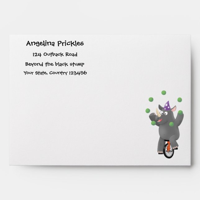 Funny cute rhino juggling on unicycle envelope (Front)