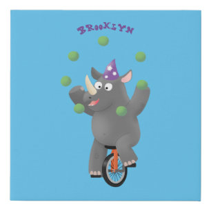Funny cute rhino juggling on unicycle faux canvas print