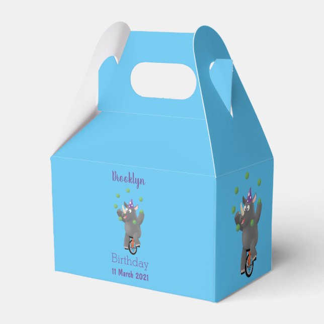 Funny cute rhino juggling on unicycle favor boxes (Front Side)