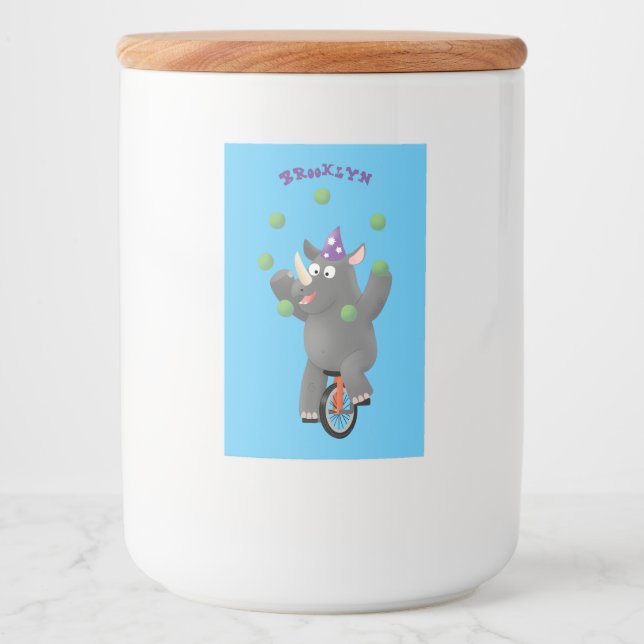 Funny cute rhino juggling on unicycle food label (Front)