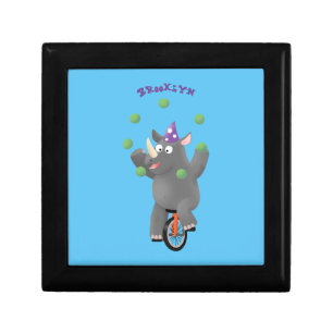 Funny cute rhino juggling on unicycle gift box