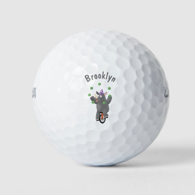 Funny cute rhino juggling on unicycle golf balls (Front)