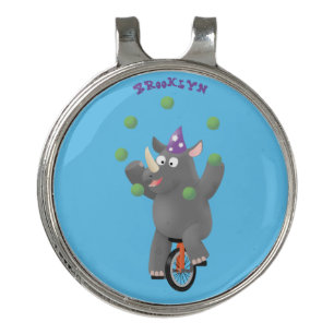 Funny cute rhino juggling on unicycle golf hat clip