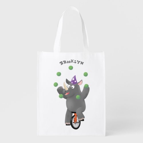 Funny cute rhino juggling on unicycle grocery bag