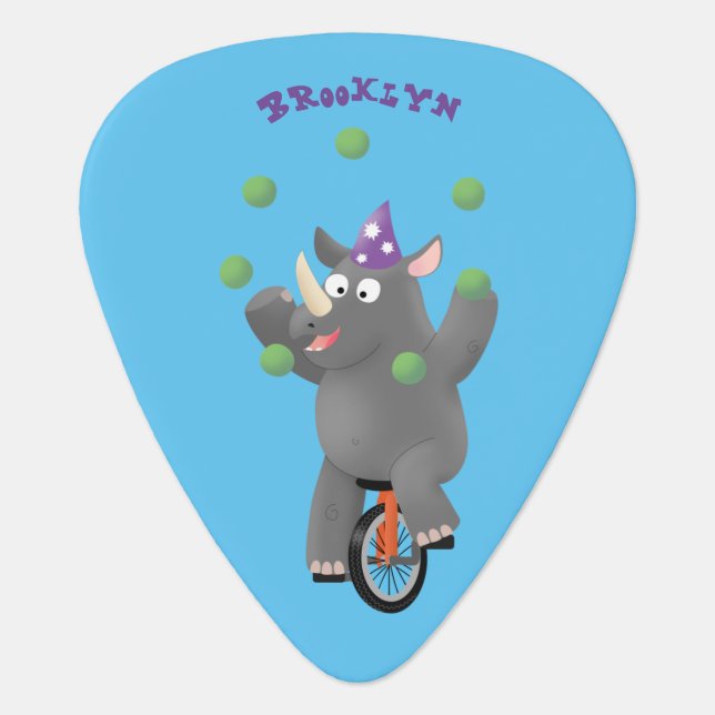 Funny cute rhino juggling on unicycle guitar pick (Front)