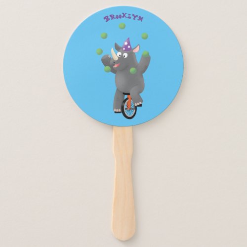 Funny cute rhino juggling on unicycle hand fan