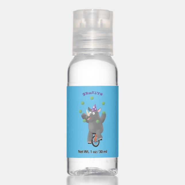 Funny cute rhino juggling on unicycle hand sanitizer (Front)
