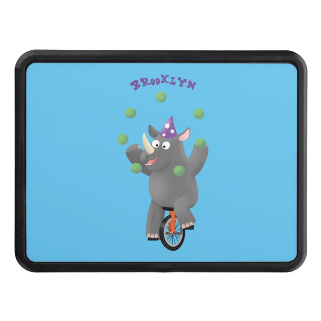 Funny cute rhino juggling on unicycle  hitch cover (Front)