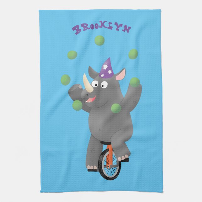 Funny cute rhino juggling on unicycle kitchen towel (Vertical)