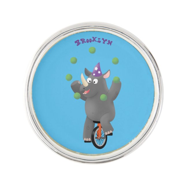 Funny cute rhino juggling on unicycle lapel pin (Front)