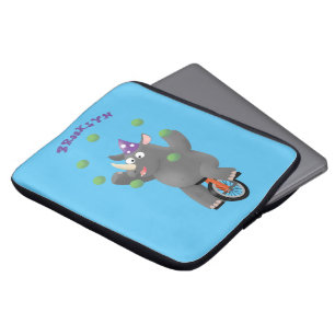 Funny cute rhino juggling on unicycle laptop sleeve