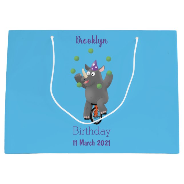 Funny cute rhino juggling on unicycle large gift bag (Front)