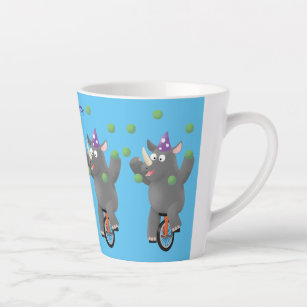 Funny cute rhino juggling on unicycle latte mug
