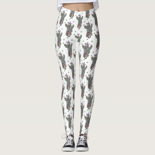 Funny cute rhino juggling on unicycle leggings