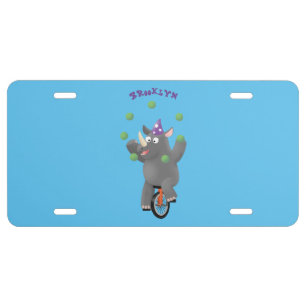Funny cute rhino juggling on unicycle license plate