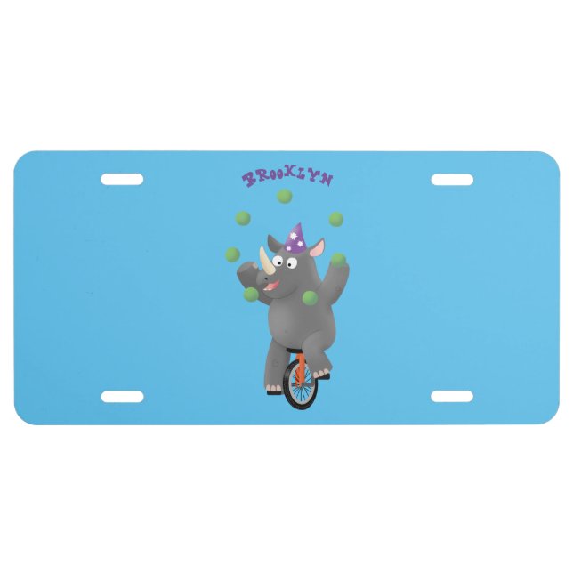 Funny cute rhino juggling on unicycle license plate (Front)