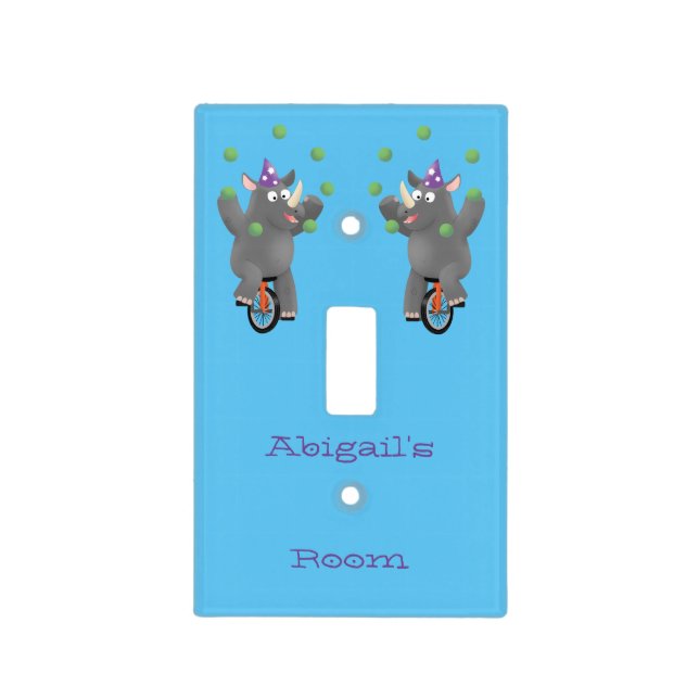 Funny cute rhino juggling on unicycle light switch cover (Front)