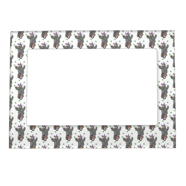 Funny cute rhino juggling on unicycle magnetic frame (Front)