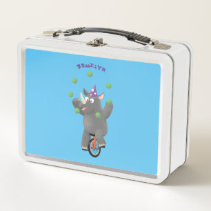 Funny cute rhino juggling on unicycle metal lunch box