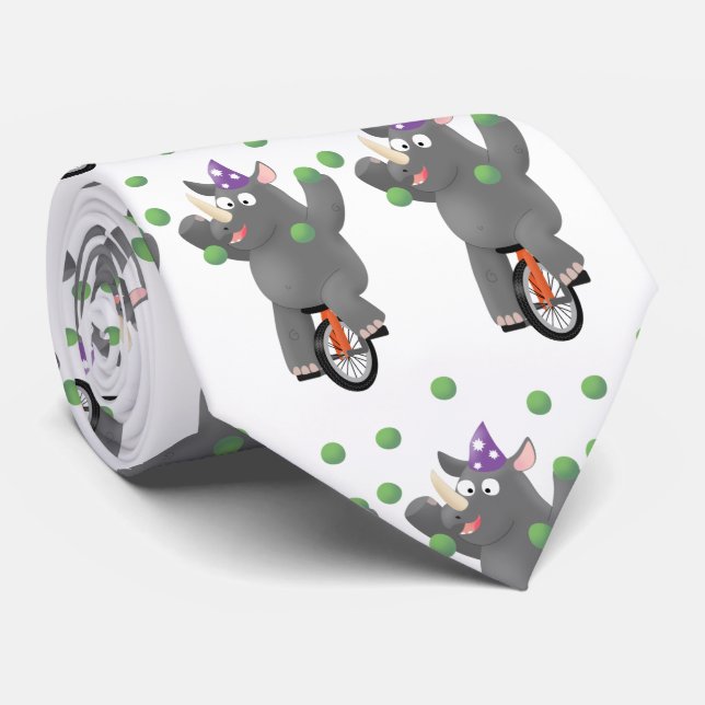 Funny cute rhino juggling on unicycle neck tie (Rolled)