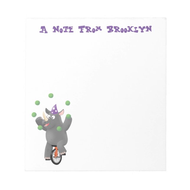 Funny cute rhino juggling on unicycle notepad (Front)