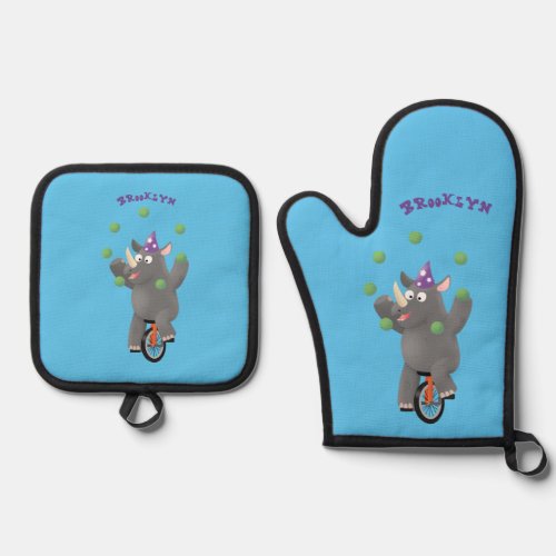 Funny cute rhino juggling on unicycle oven mitt  pot holder set