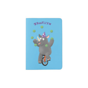 Funny cute rhino juggling on unicycle passport holder