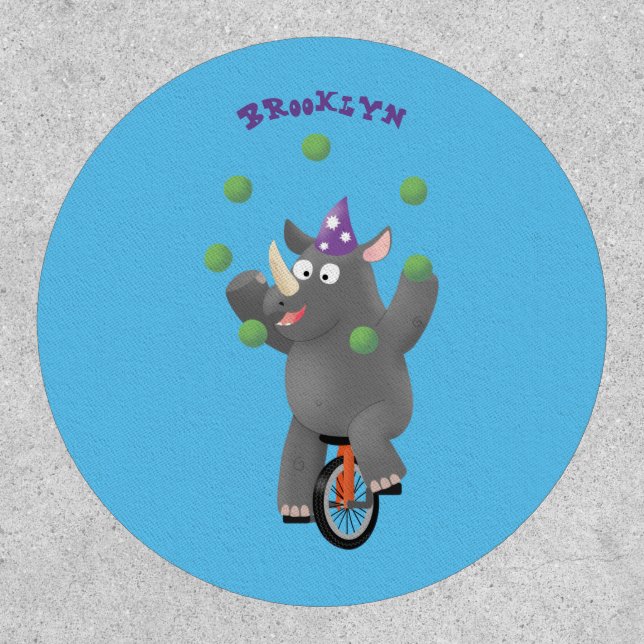 Funny cute rhino juggling on unicycle patch (Front)