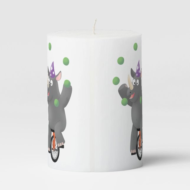 Funny cute rhino juggling on unicycle pillar candle (Back)