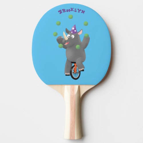 Funny cute rhino juggling on unicycle ping pong paddle