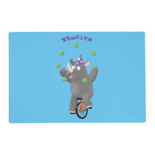 Funny cute rhino juggling on unicycle placemat