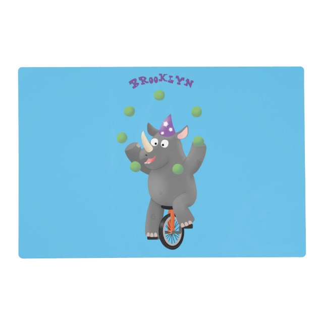 Funny cute rhino juggling on unicycle placemat (Front)