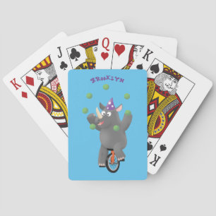 Funny cute rhino juggling on unicycle poker cards