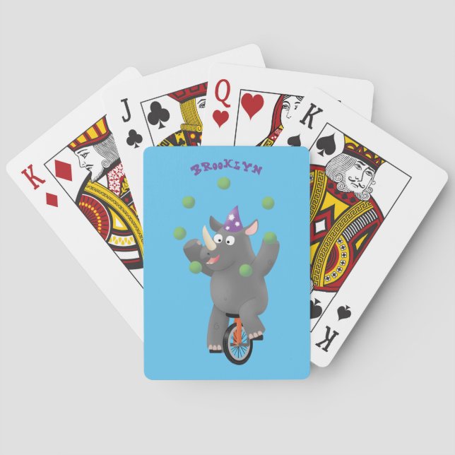 Funny cute rhino juggling on unicycle poker cards (Back)