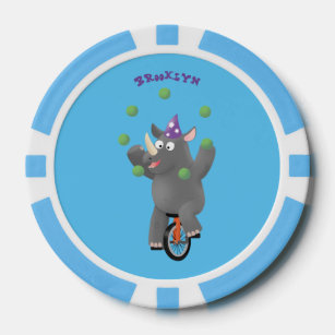 Funny cute rhino juggling on unicycle poker chips