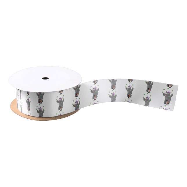 Funny cute rhino juggling on unicycle satin ribbon (Spool)