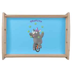 Funny cute rhino juggling on unicycle serving tray