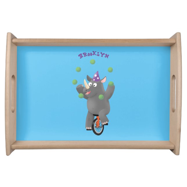 Funny cute rhino juggling on unicycle serving tray (Front)