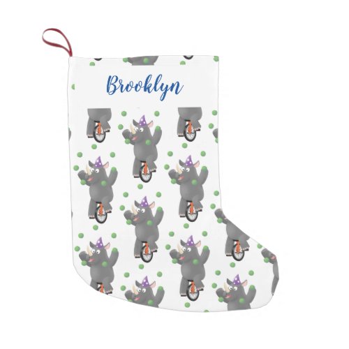 Funny cute rhino juggling on unicycle small christmas stocking