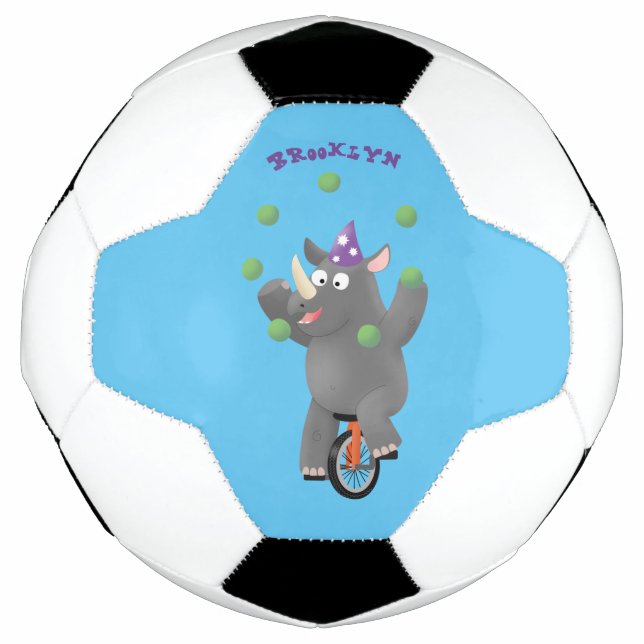 Funny cute rhino juggling on unicycle soccer ball (Front)