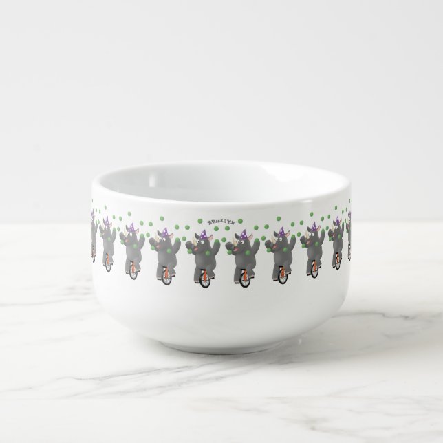 Funny cute rhino juggling on unicycle soup mug (Front)
