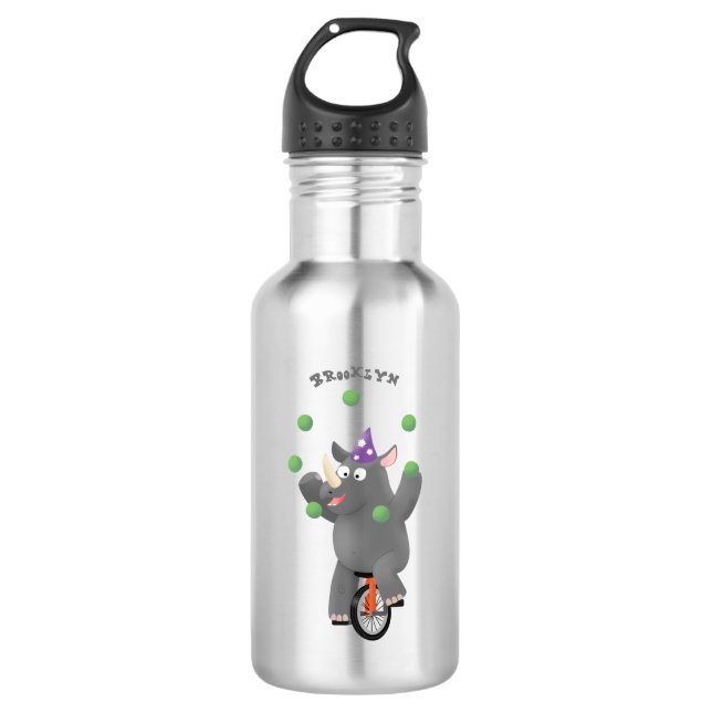 Funny cute rhino juggling on unicycle stainless steel water bottle (Front)