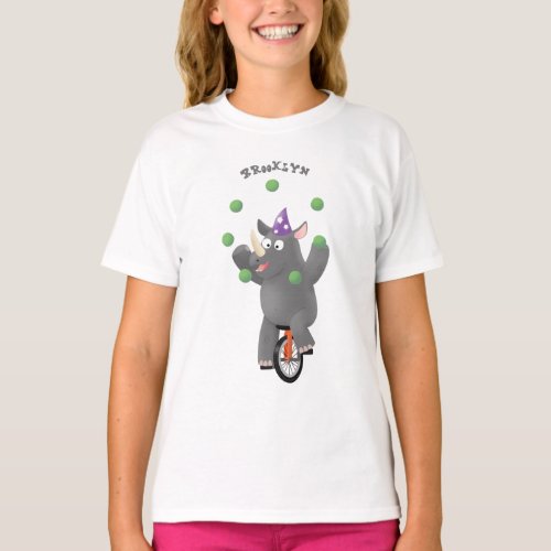 Funny cute rhino juggling on unicycle T_Shirt