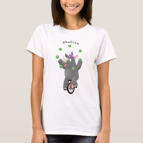 Funny cute rhino juggling on unicycle T_Shirt