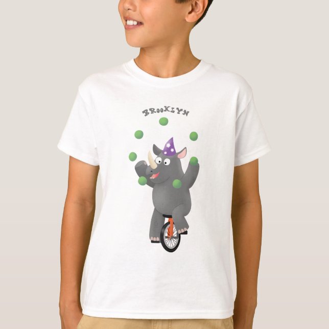 Funny cute rhino juggling on unicycle T-Shirt (Front)