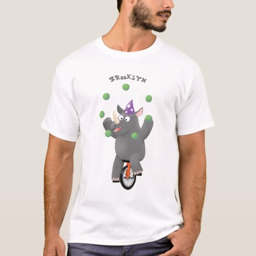 Funny cute rhino juggling on unicycle T_Shirt