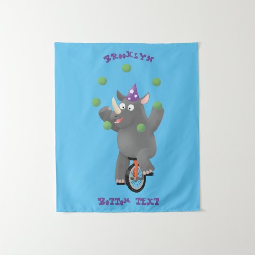 Funny cute rhino juggling on unicycle tapestry