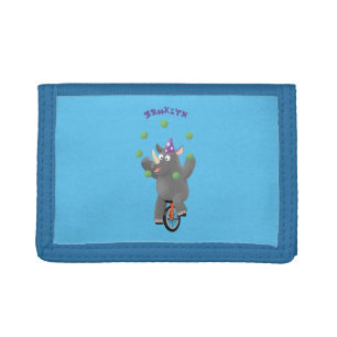 Funny cute rhino juggling on unicycle trifold wallet